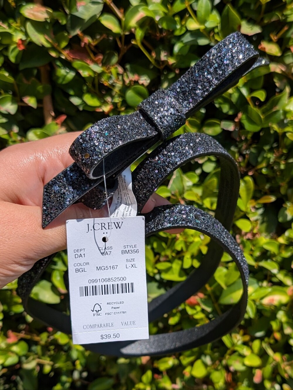 J. Crew Glitter Black Bow Belt L/XL